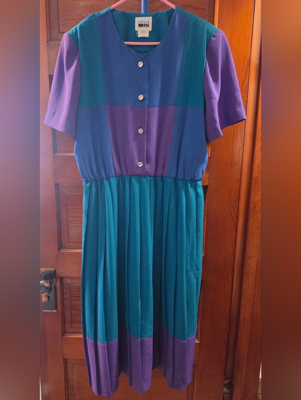 Vintage 80s Leslie Fay Dress Size 16 Teal Purple Colorblock Pleated Midi